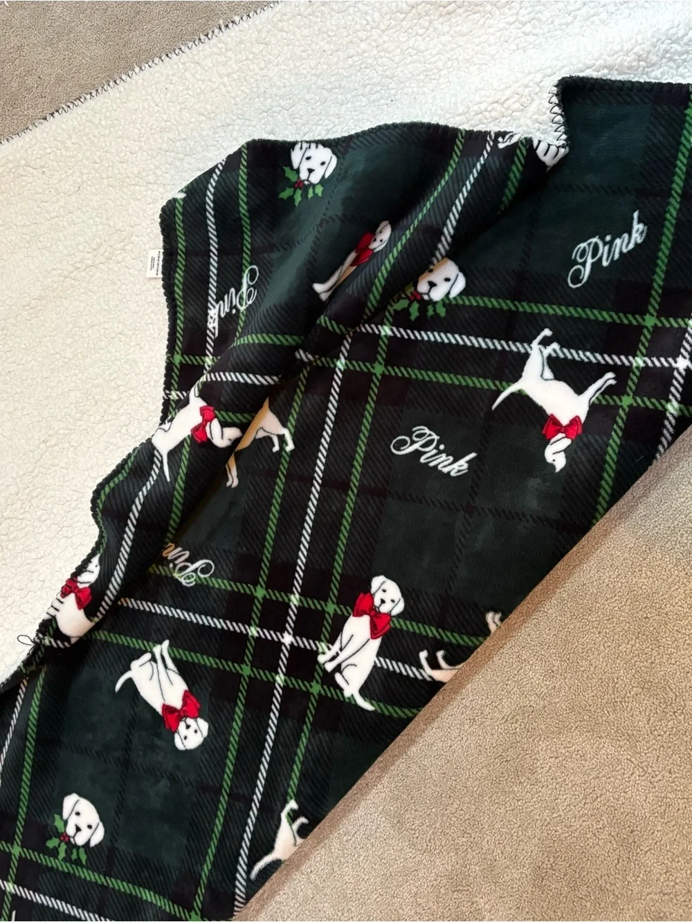 Victoria's Secret Plaid Dog Blanket with White Puppy Motif. So soft!